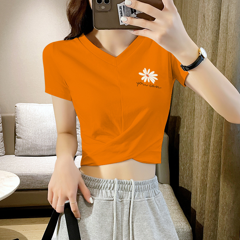 Orange Short T-Shirt for Women, Short-Sleeved, Summer 2025 New Style, Pure Cotton, Petite, V-Neck, Tight-Fitting, High-Waisted, Crop Top