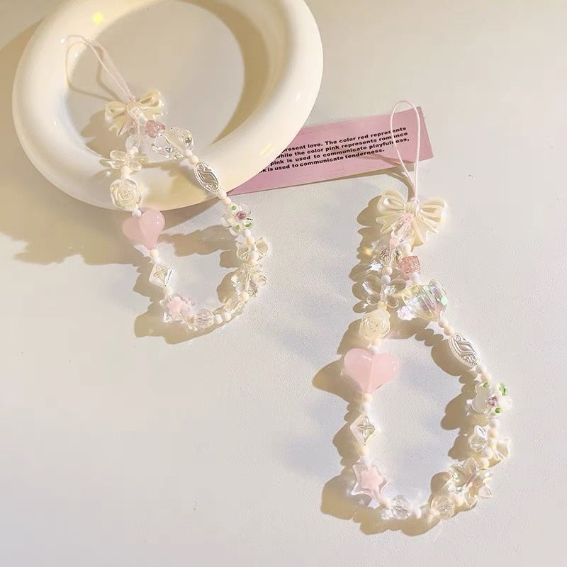 Phone Heart Bracelet Ins Bowknot Girl Universal Beaded Ccd Camera Pendant Lanyard Hand Strap Chain