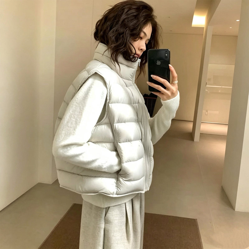 Stand Collar Ribbed down Vest for Women, Short Style, Outerwear, 2026 New Model, Lightweight, Versatile, Warm Vest Jacket