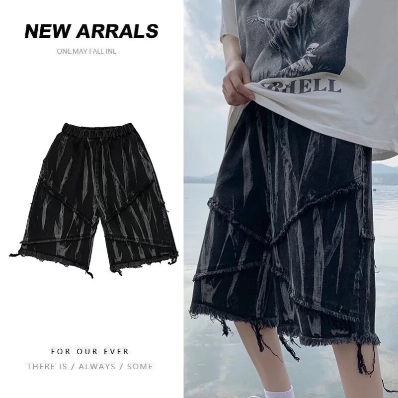 Wukong has goods in summer dark high street retro old tie-dye denim shorts men and women loose sanding five-point pants tide