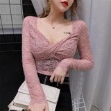 Весенний приталенный кружевной шифоновый цветной сексуальный приятный телу лонгслив, 2020, V-образный вырез