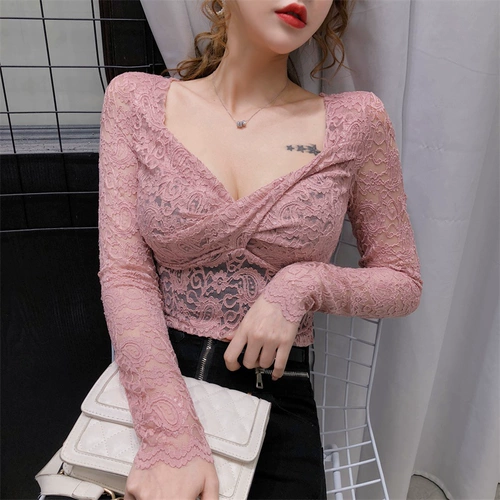 Весенний приталенный кружевной шифоновый цветной сексуальный приятный телу лонгслив, 2020, V-образный вырез