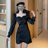 Осенний ретро приталенный корсет, платье, 2021 года, французский ретро стиль, квадратный вырез, рукава фонарики, с акцентом на бедрах