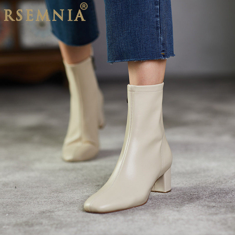 Rsemnia Temperament White Short Boots Female Spring Autumn Single Boots Fashion Genuine Leather Heel Coarse Heel Skinny Boots LEATHER BOOTS