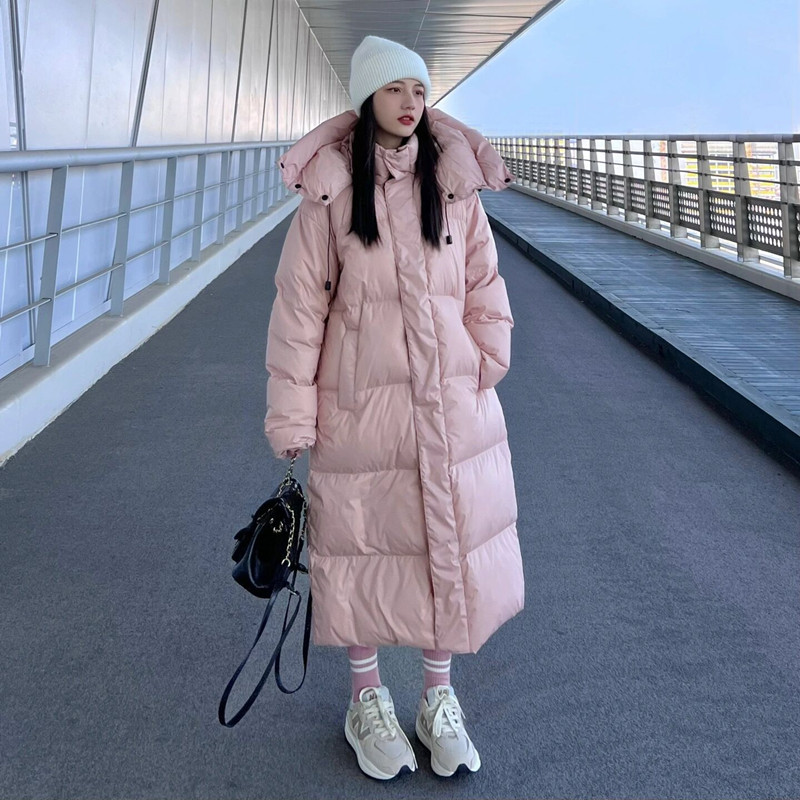 Pink down Jacket for Women, Long Style, Over-The-Knee, Winter 2025 New Model, Korean Version, Loose Fit, Thickened, Large Quilt, White Duck down Coat