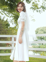 French light wedding dress satin simple daily wear white dress license registration small dress women Summer