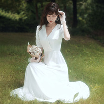 Satin light wedding dress licensed White simple registration banquet host temperament long dress engagement dress