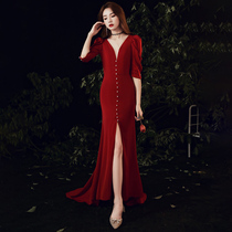 Wine red toast dress small bride temperament generous banquet long v-neck engagement dress dress thin dress