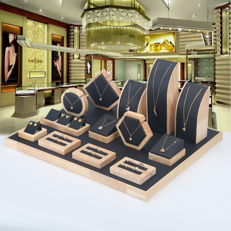 Solid wood leather jewelry display rack Jewelry store counter display set combination window jewelry decoration frame booster plate