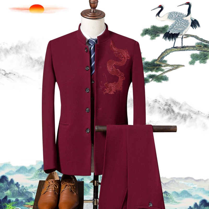 Men's Suit Set with Chinese-Style Embroidery, Slim Fit, Stand Collar, Zhongshan Suit, Korean Style Performance Outfit, Casual Suit Jacket, Trendy