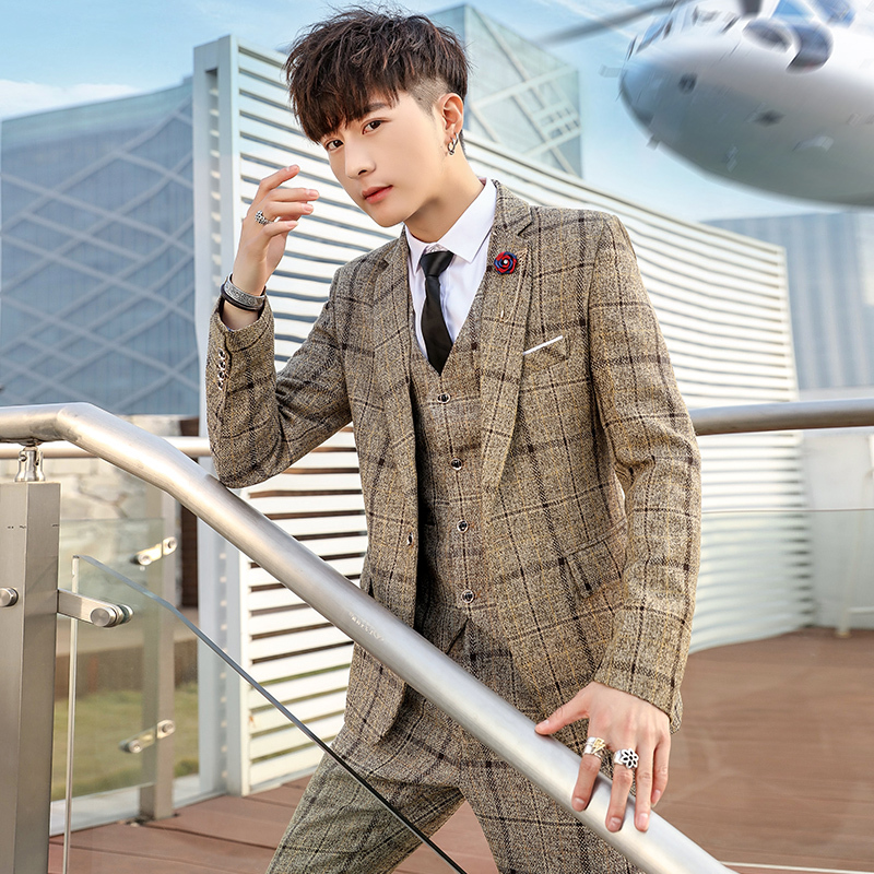 Plaid Suit Set for Men, Korean Style Three-Piece Suit, Groomsmen Wedding Graduation Dress, New Casual Small Suit Jacket