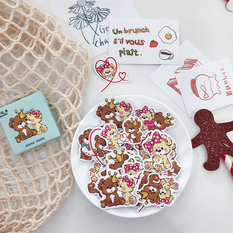 Creative Cartoon Cute Children Stickers Suit And Paper Notebook Hand Ledger Material Crown Bear 44 pieces Girl Hearts Cell Phone Computer Diary album Decorative Diy Small Sticker Decorative Sticker