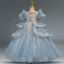 Girl High-end Light Lavish Blue Gown Children Summer New Reworked Princess Dresses Dresses Child Wedding Walk Show Outperform