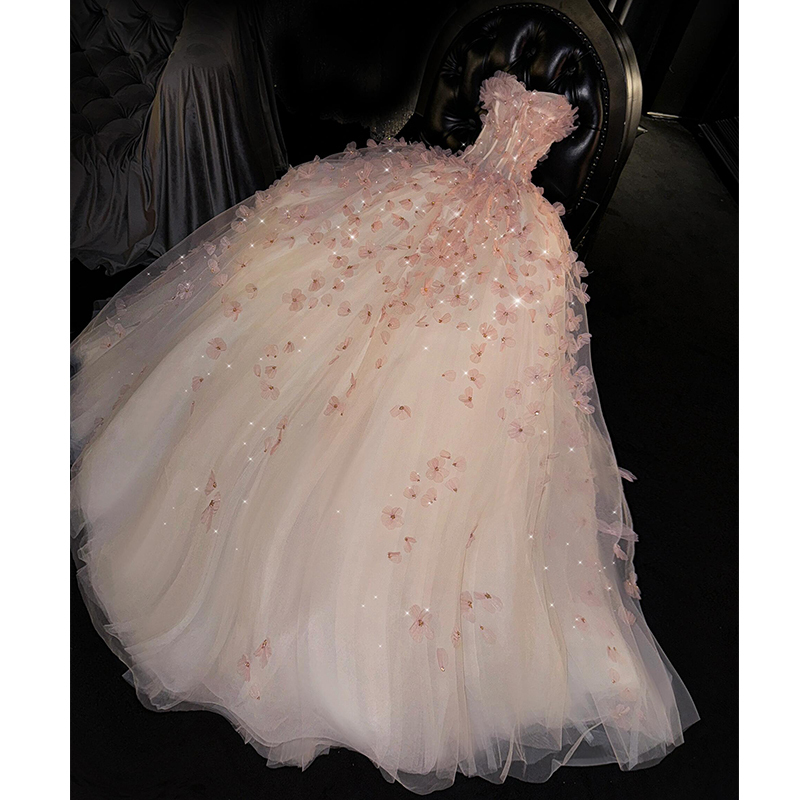 Strapless Evening Dress, High-End Light Luxury Niche Pink Host Annual Meeting Dress, Student Art Exam Solo Performance Outfit Strapless Evening Dress, High-End Light Luxury Niche Pink Host Annual Meeting Dress, Student Art Exam Solo Performance Outfit