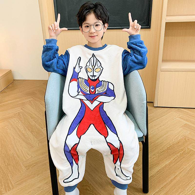 ชุดนอนอุลตร้าแมน เสื้อผ้าใส่อยู่บ้านสำหรับเด็ก ชุดฤดูหนาวผ้ากำมะหยี่สีปะการังสำหรับเด็กชาย ชุดจั๊มสูทผ้าสักหลาด ถุงนอนสำหรับเด็กผู้ชาย