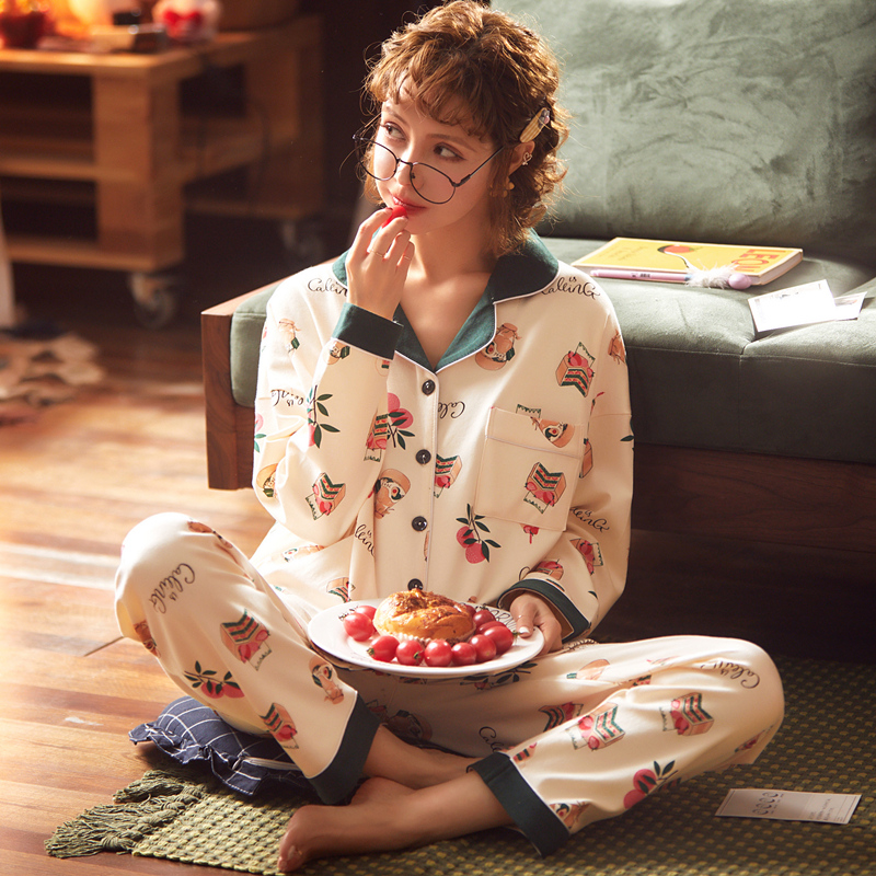 Te-2014 Rice White Green Collar Cake & Long Sleeve Cotton CoverSpring and Autumn Moon clothes pregnant woman pure cotton pajamas female Long sleeve summer Thin Parturient Nursing clothes postpartum nurse suit
