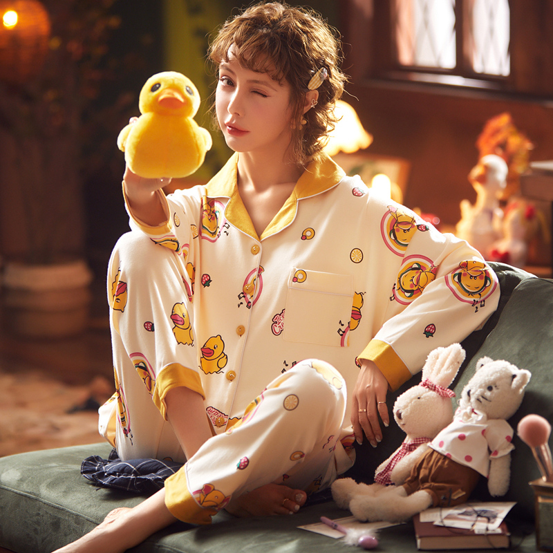 Te-2007 Rice White Yellow Collar Duckling & Long Sleeve Cotton CoverSpring and Autumn Moon clothes pregnant woman pure cotton pajamas female Long sleeve summer Thin Parturient Nursing clothes postpartum nurse suit