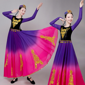 Chinese folk dance dress for women Xinjiang ethnic style dance costume with big swing dress for performance women&apos;s modern Uygur Dance Costume