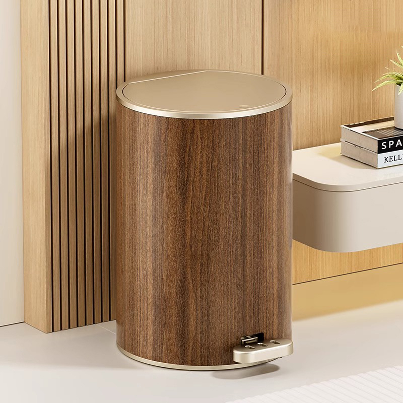 Wood Grain Trash Can for Living Room, Home Use, High Aesthetic Value, Light Luxury, Bedroom, Kitchen, with Lid, Large Capacity, Foot Pedal, Mid-Century Style Wastebasket