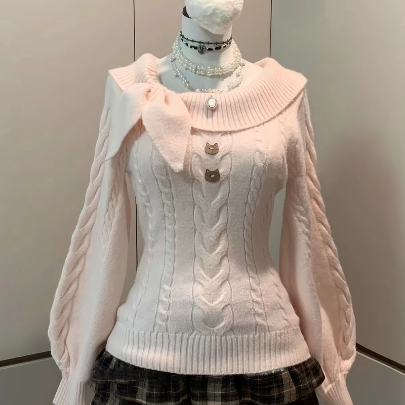 Japanese Sweet College Style Jk Knit Sweater for Women, Early Autumn Pink Slim-Fit Top with Rabbit Ears, Waist-Cinching Slimming Pullover Sweater