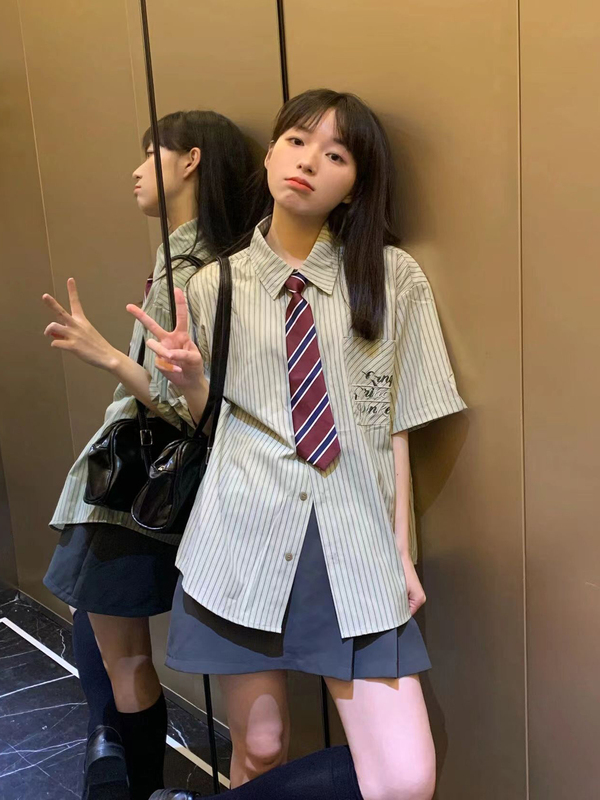 Academy Style Jk Striped Shirt for Women, Short-Sleeved, Loose Fit, Japanese Style, Petite Top, Green Design Tie Shirt Academy Style Jk Striped Shirt for Women, Short-Sleeved, Loose Fit, Japanese Style, Petite Top, Green Design Tie Shirt