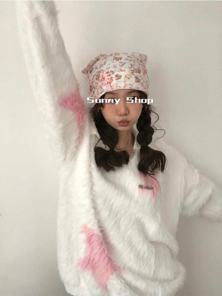 Sunny Shop star sweater women 2022 autumn and winter new sweet and spicy white imitation mink fur French soft waxy top