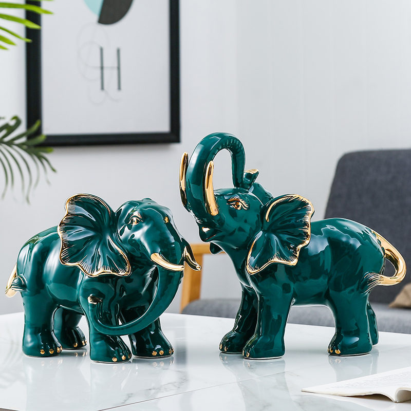 Ceramic elephant decoration light luxury pair of porcelain auspicious decorations porch living room lucky feng shui elephant creative gift