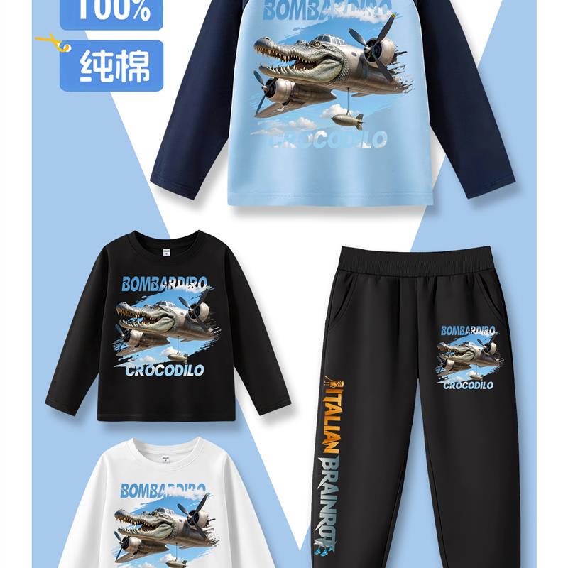 Crocodile Bomber Fighter Jet Clothing Children's Pure Cotton Base Shirt American Foreign Shanhaijing Long-Sleeve T-Shirt for Boys Crocodile Bomber Fighter Jet Clothing Children's Pure Cotton Base Shirt American Foreign Shanhaijing Long-Sleeve T-Shirt for Boys