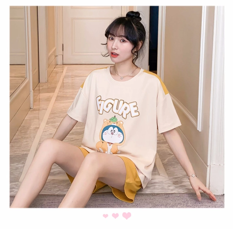 Đồ ngủ nữ mùa hè Hàn Quốc mỏng ngắn tay cotton lỏng lẻo ngọt ngào dễ thương hoạt hình lưới màu đỏ dịch vụ nhà hai mảnh - Cặp đôi