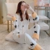 Phong cách Hàn Quốc đồ ngủ nữ mùa xuân và mùa thu mỏng dài tay cotton rộng rãi quần áo ở nhà hai mảnh phù hợp với mùa hè thu và mùa đông cardigan mèo - Cặp đôi
