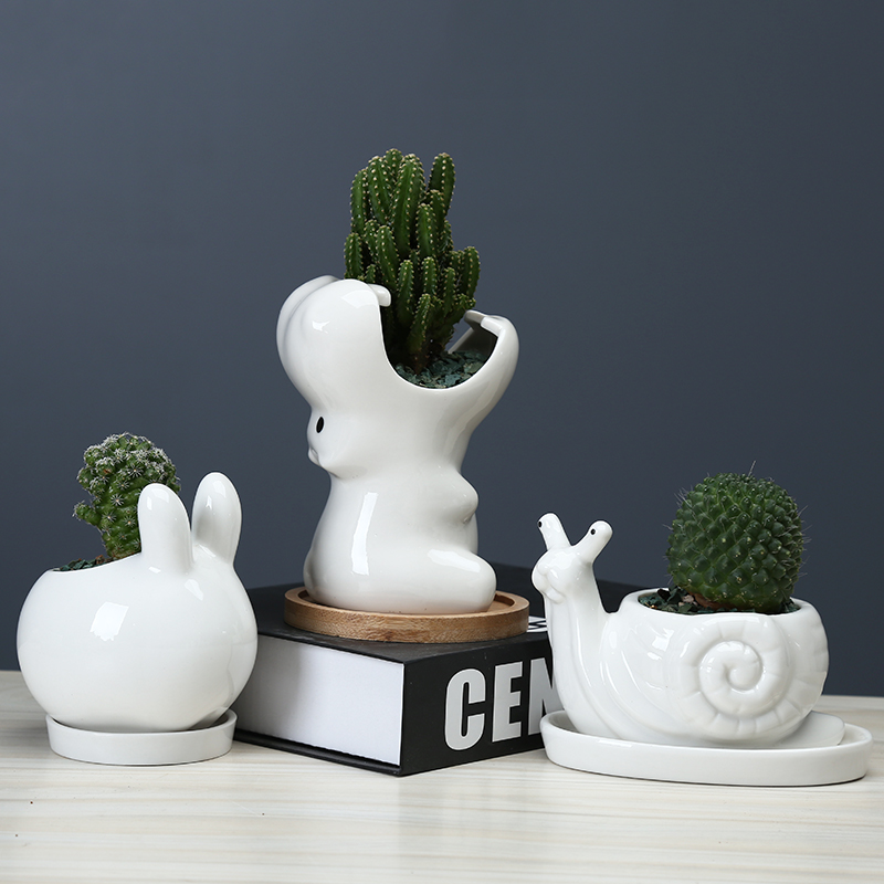 Creative move and lovely cartoon animal flowerpot more meat ceramic white office desktop small potted flower implement with tray