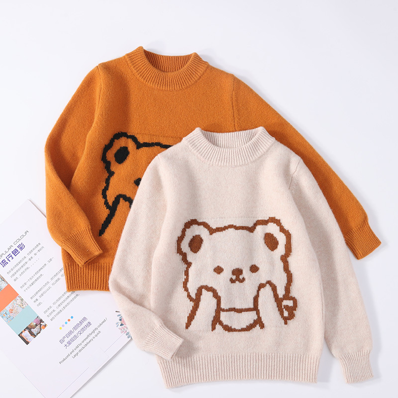 Children's Half-Turtleneck 100% Pure Wool Sweater for Boys and Girls, Cartoon Bear Thickened Pullover Knit Base Shirt Children's Half-Turtleneck 100% Pure Wool Sweater for Boys and Girls, Cartoon Bear Thickened Pullover Knit Base Shirt