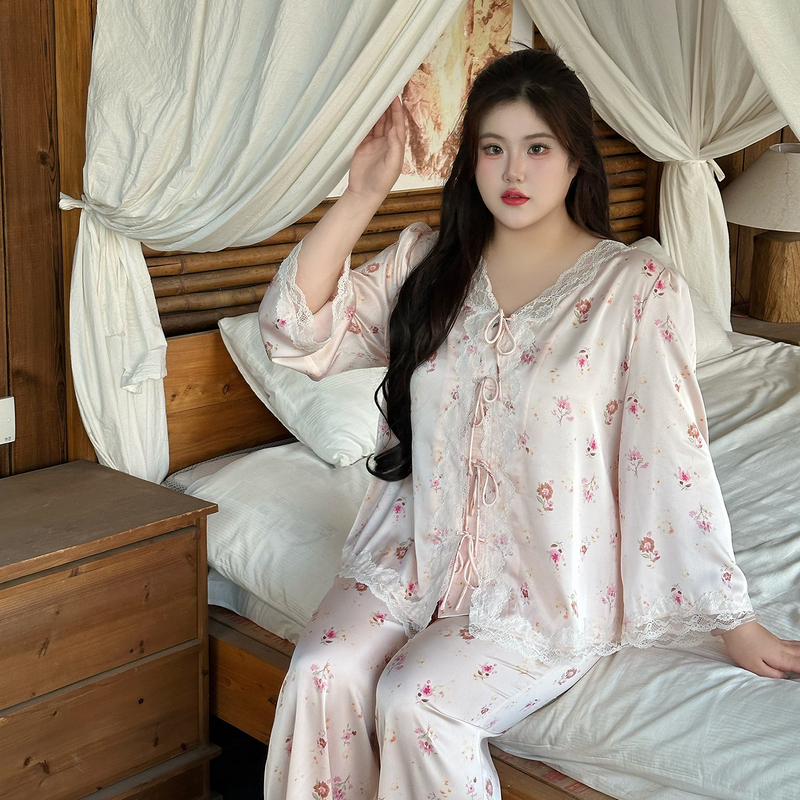 【Flower-Like Beauty】Plus Size Long Sleeve 2026 Pure Desire Style Lace Pajama Set for Women Autumn 100kg Lace Trim