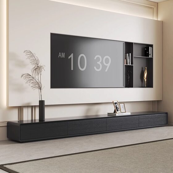 Saint Baiyu Black Floor-Standing Tv Cabinet for Living Room, Light Luxury and High-End Solid Wood Floor Cabinet, Modern Minimalist Tv Cabinet