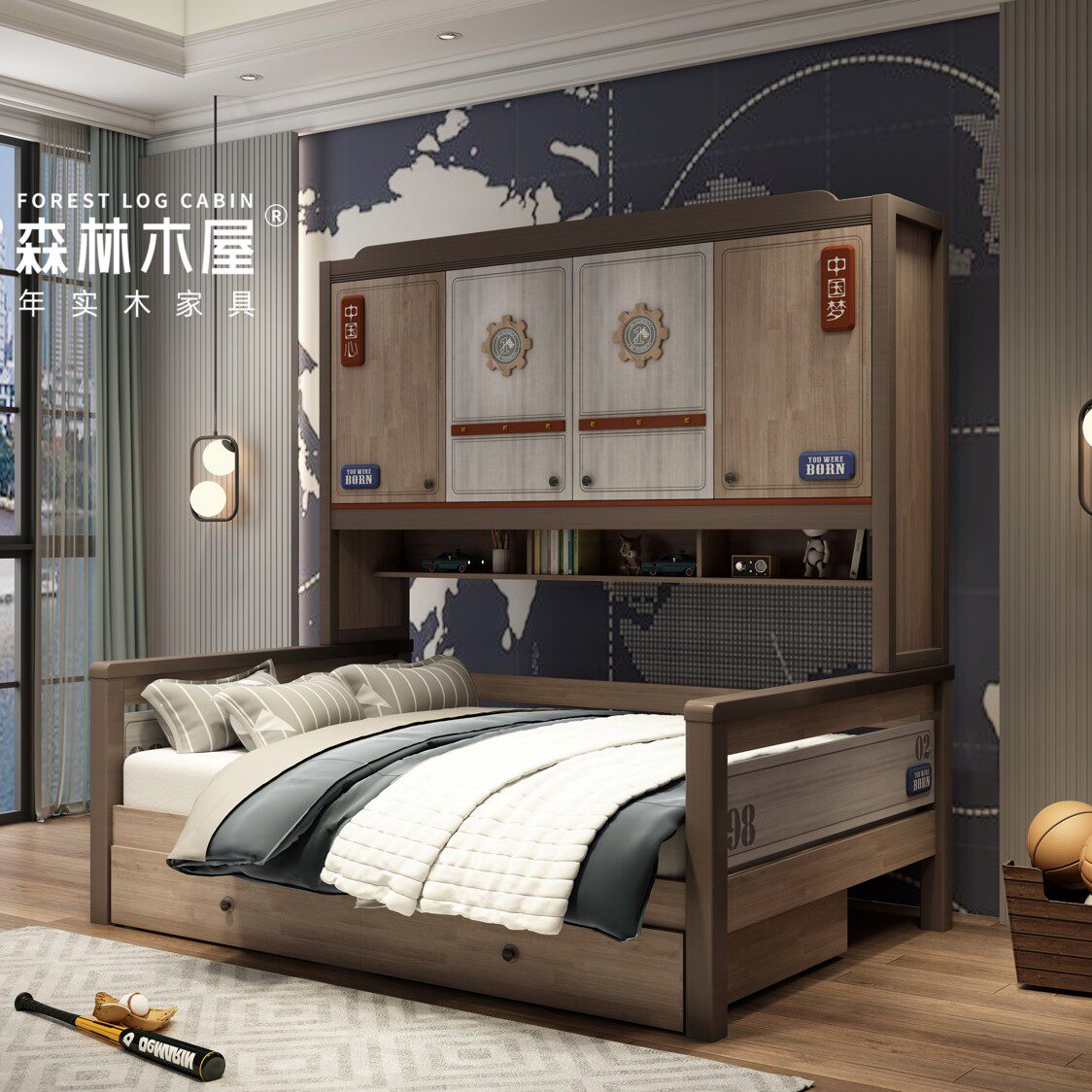 Forest Wooden House Industrial Wind China Dream Wardrobe Bed Deep Brown Solid Wood Children Furniture Nordic Functional Storage Boy