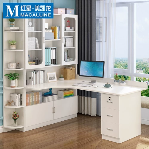 圣柏域 Угловой компьютерный стол из цельного дерева, настольный домашний стол с книжным шкафом, простой стол, книжная полка, встроенный стол