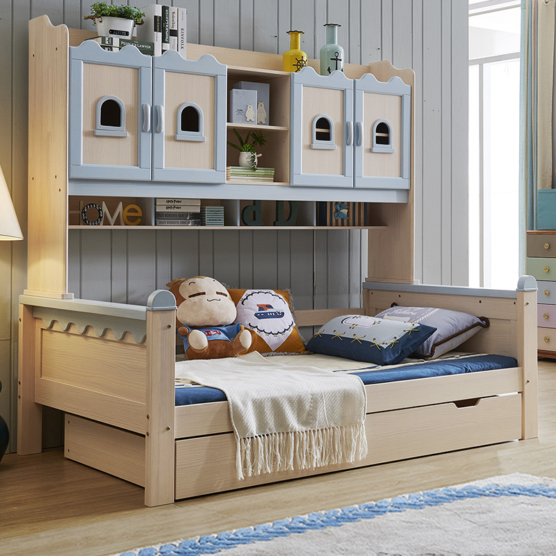 Difuron Children's Bed Boy Solid Wood Single Beds Blue Bookcase Wardrobe Beds Integrated Multifunctional Combined Teens