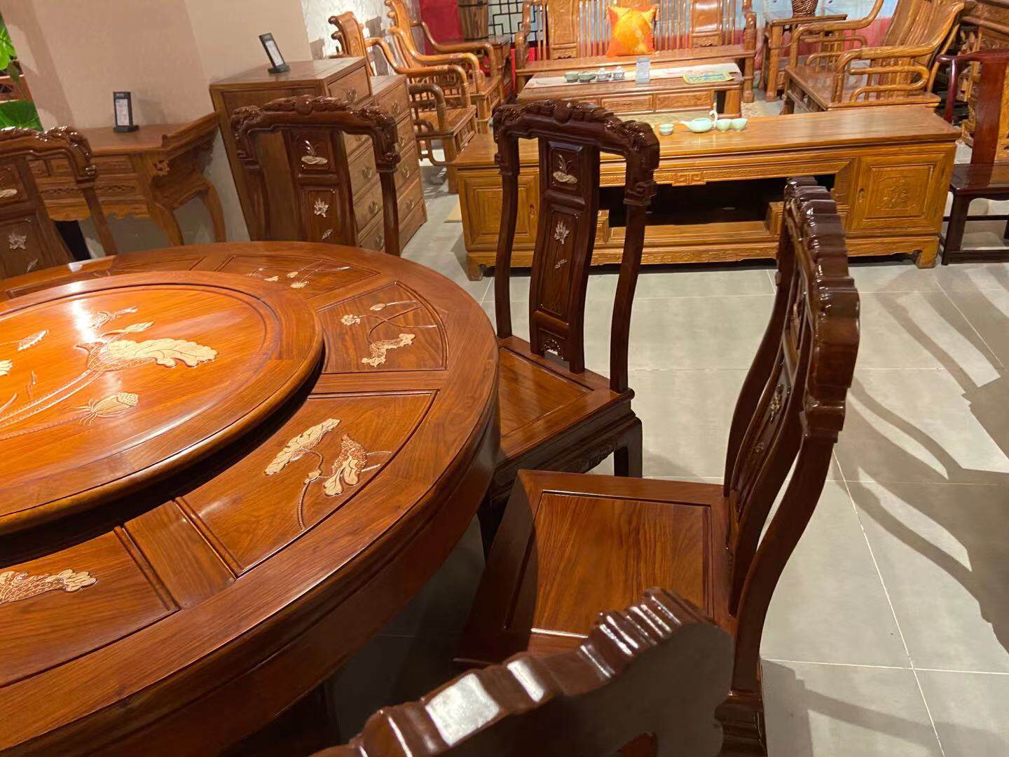 New Chinese solid wood dining table and chairs combined dark color with turntable Minjuku hotel dining room Dining Room Dining Table