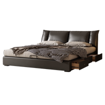 Fu Menghua black leather bed master bedroom high-end atmospheric 2m x 2m 2 large bed Italian style minimalist solid wood soft cover wedding bed