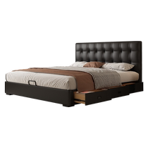 South luxury North China French retro waffle leather bed master bedroom large bed black medieval style thin bedside storage wedding bed