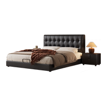 Yamaga Modern Simple Thin Bedside Waffle Bed Master Bedroom Large Bed Retro Style Black High Box Storage Leather Bed
