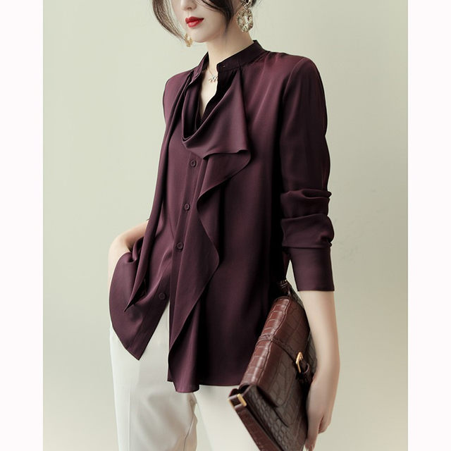 French heavy silk satin shirt women's spring and autumn design sense niche chic top elegant ribbon stand collar shirt