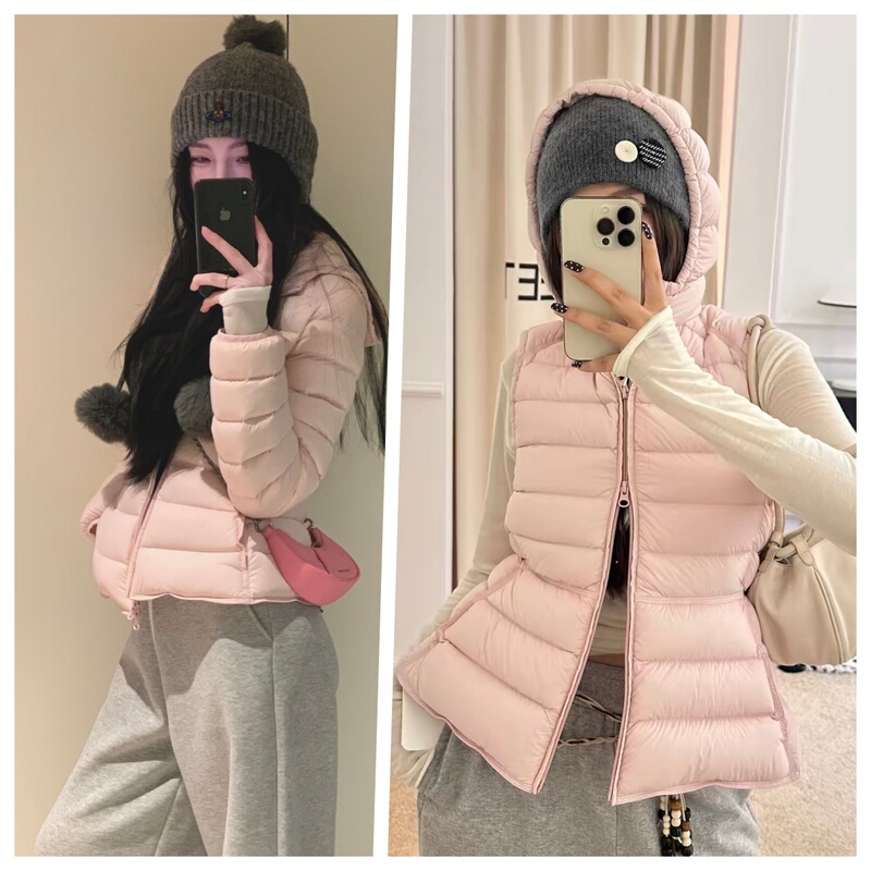 Slim-Fit Hooded Ribbed down Jacket with Detachable Sleeves, Two-In-One Vest for Women, Warm and Slimming, Korean Style