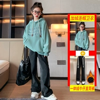 Синяя бархатная толстовка с капюшоном, флисовые прямые свободные джинсы