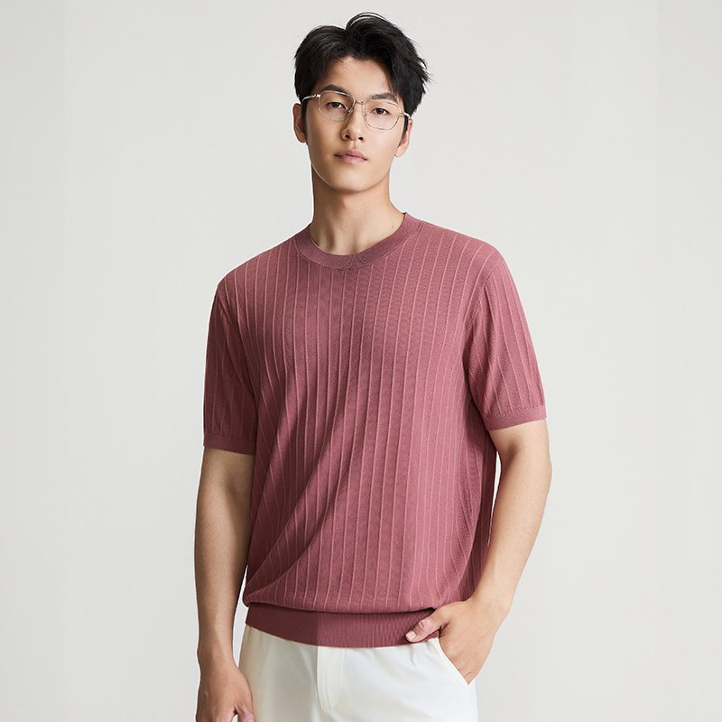 Xianglin Summer Lyocell Tencel Round Neck Men's T-Shirt Vertical Stripes Breathable Comfortable Knitted Versatile Top Xianglin Summer Lyocell Tencel Round Neck Men's T-Shirt Vertical Stripes Breathable Comfortable Knitted Versatile Top