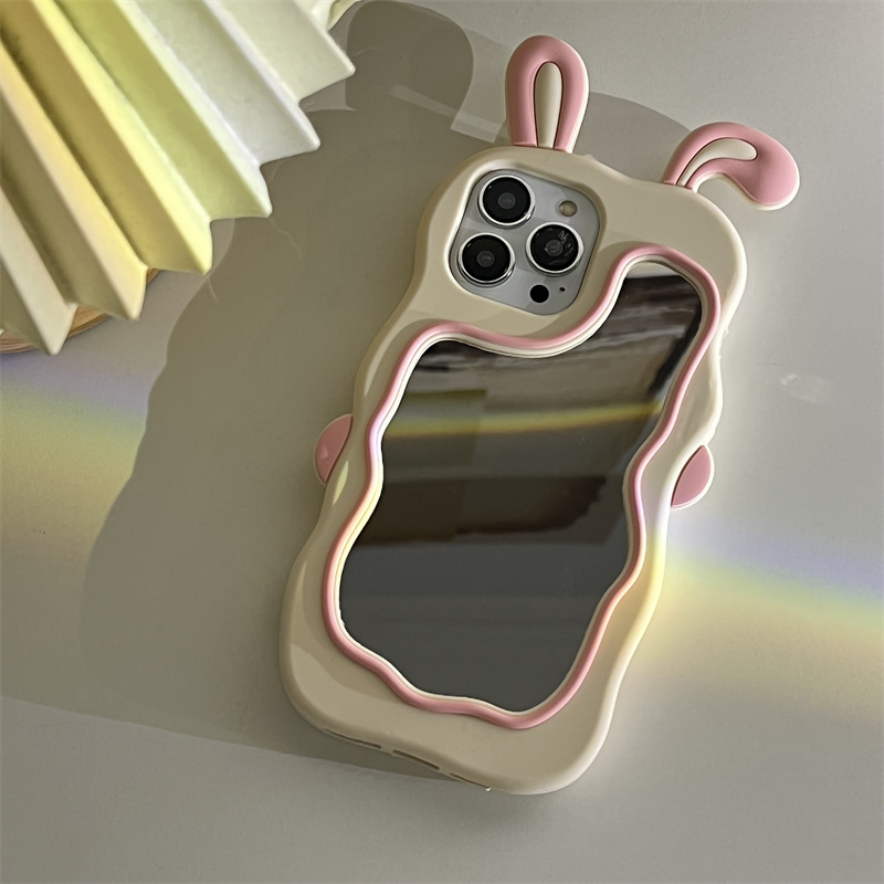 Oulue Cute Rabbit Ears Makeup Mirror Compatible with Apple 14 Phone Case iPhone 13 Pro Max Female 14Plus Soft Case Xr Anti-Drop Xsmax Silicone Protective Case 12 Creative 11 New Model X