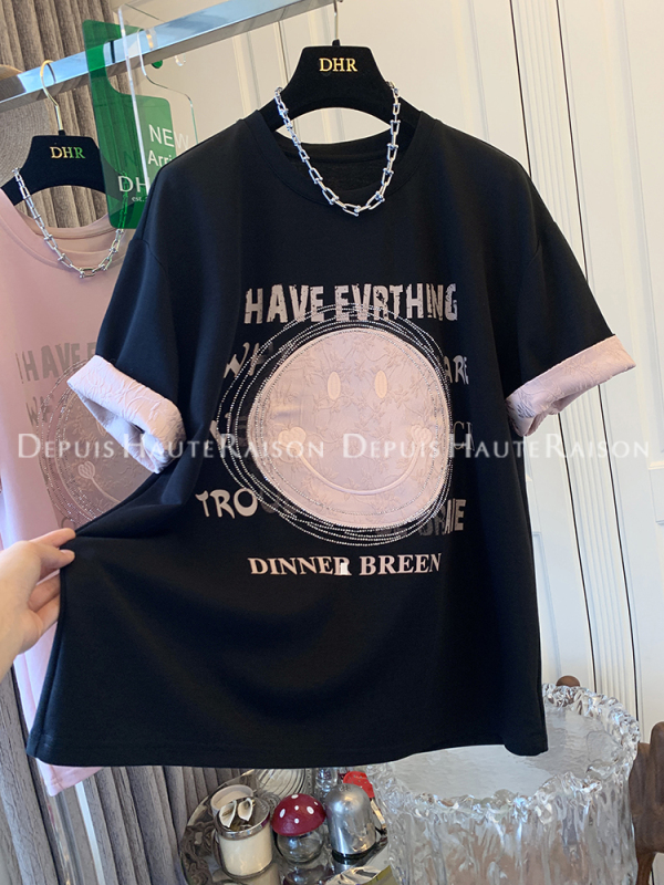 Plus Size 150kg Super Cute Lace Smiley Face Rhinestone Short-Sleeve T-Shirt Base Shirt Top Women's Loose Summer Fashion