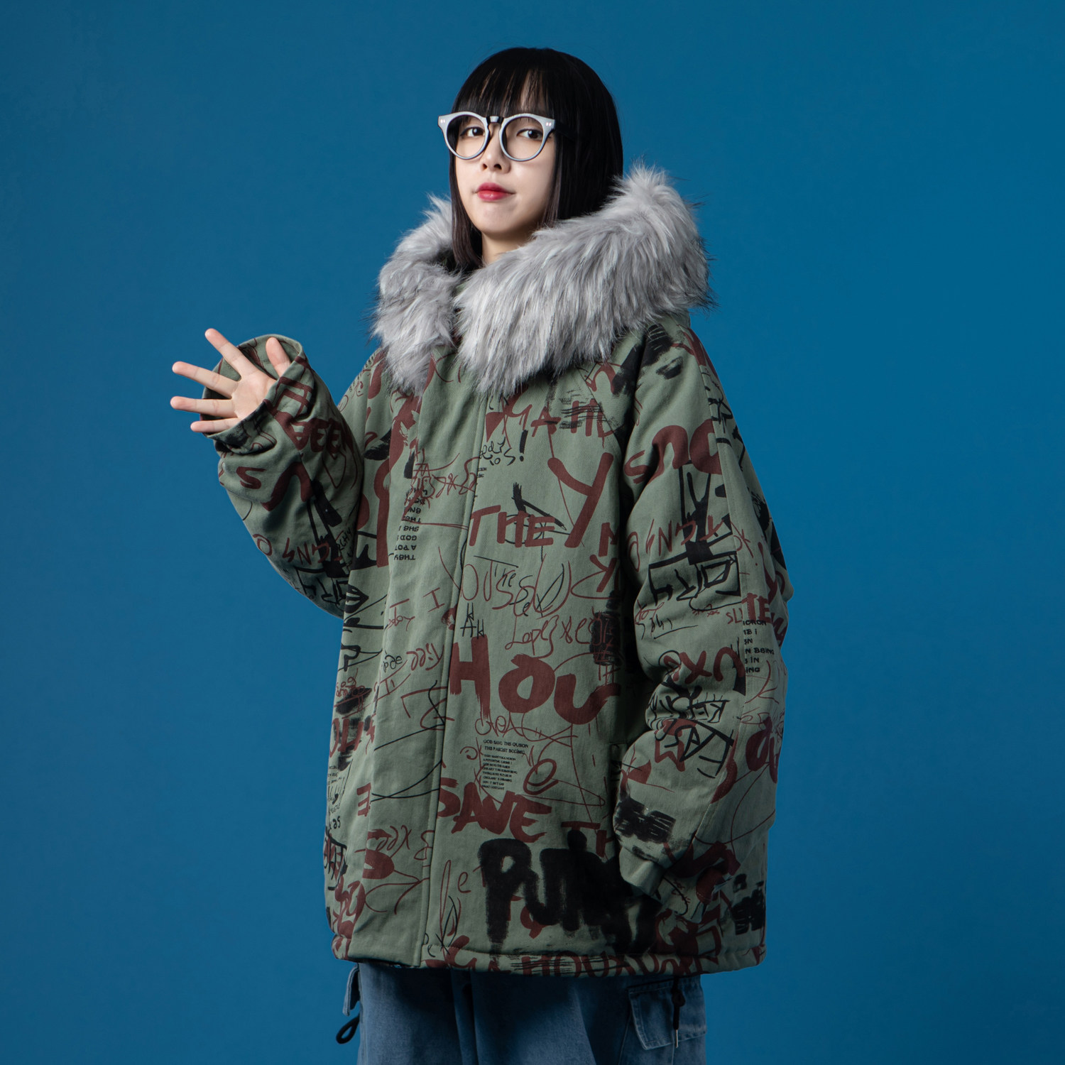 Large size women's strange flavor graffiti cotton clothing Tide brand ins port flavor retro students loose fat mm thick cotton coat