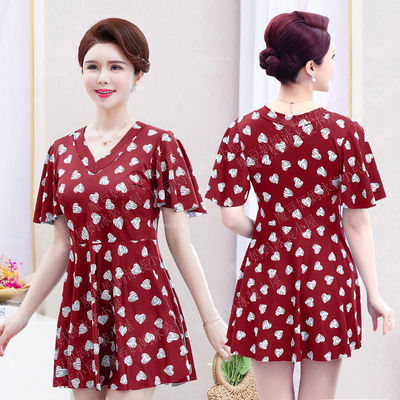 女士游泳衣女大码胖mm保守泡温泉泳装妈妈泳衣中老年分体平角裤款