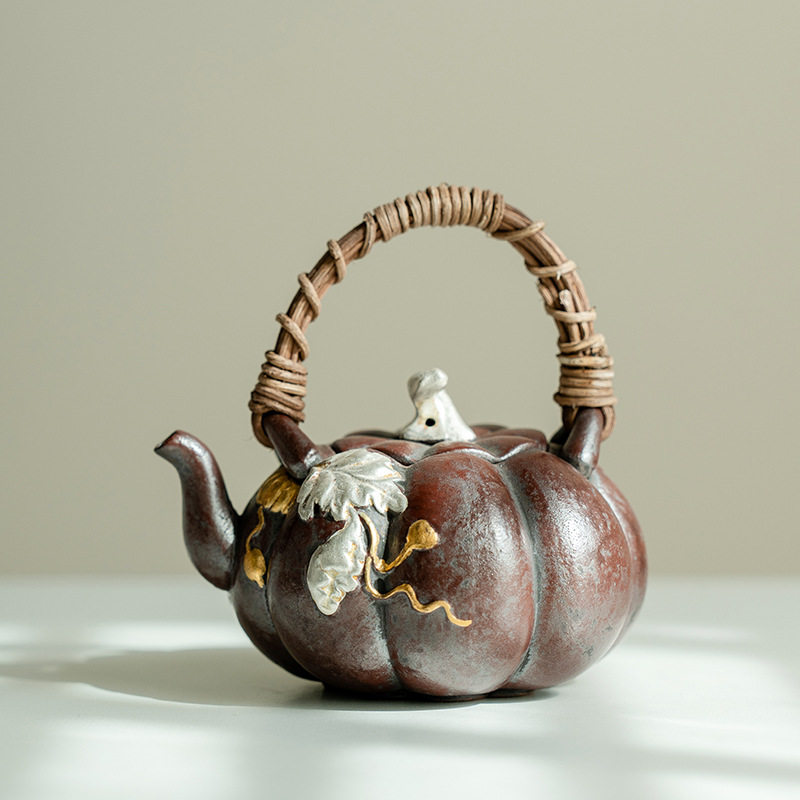 老岩泥铁锈红赤金南瓜提梁壶仿古茶壶陶瓷复古泡茶器家用壶评价- 淘宝网